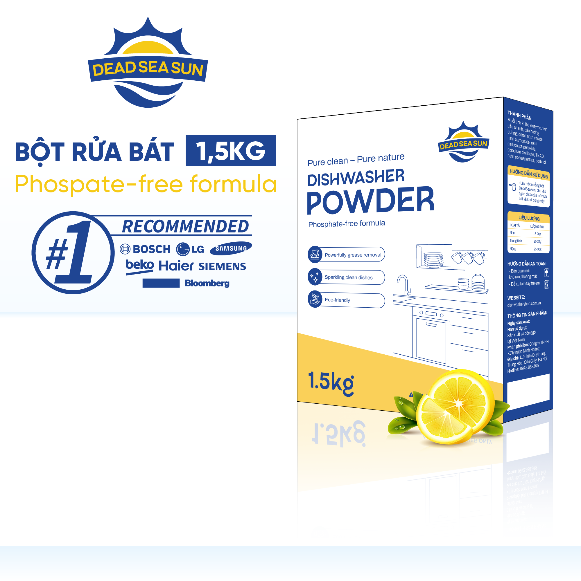 Bột rửa bát Dead Sea Sun 1.5kg - Sạch sâu, Kháng khuẩn, An toàn cho máy