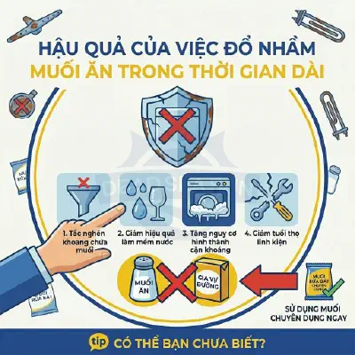 Đổ nhầm muối ăn vào máy rửa bát liên tục có thể làm giảm tuổi thọ linh kiện và gây đóng cặn khoáng.