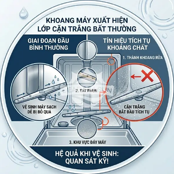 Cặn trắng trong khoang máy: Dấu hiệu máy rửa bát thiếu muối rõ ràng nhất