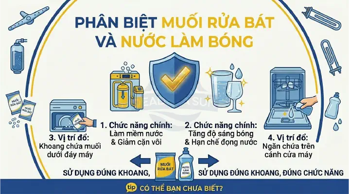 So sánh sự khác nhau giữa muối rửa bát và nước làm bóng cho máy rửa bát